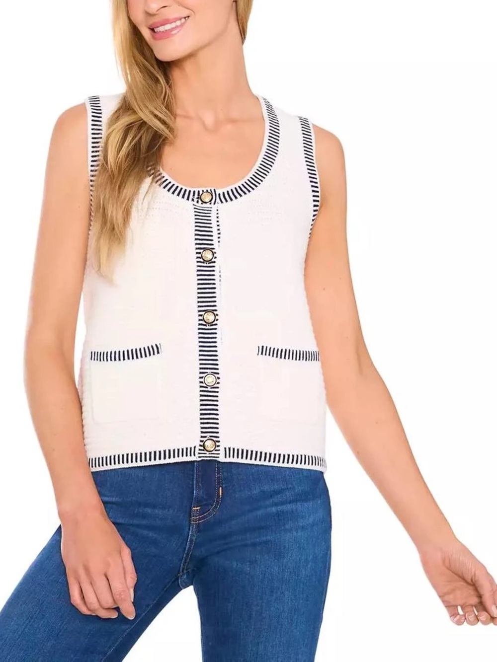 CeCe Sleeveless Sweater Vest M White Black Gold Striped Edge $89
